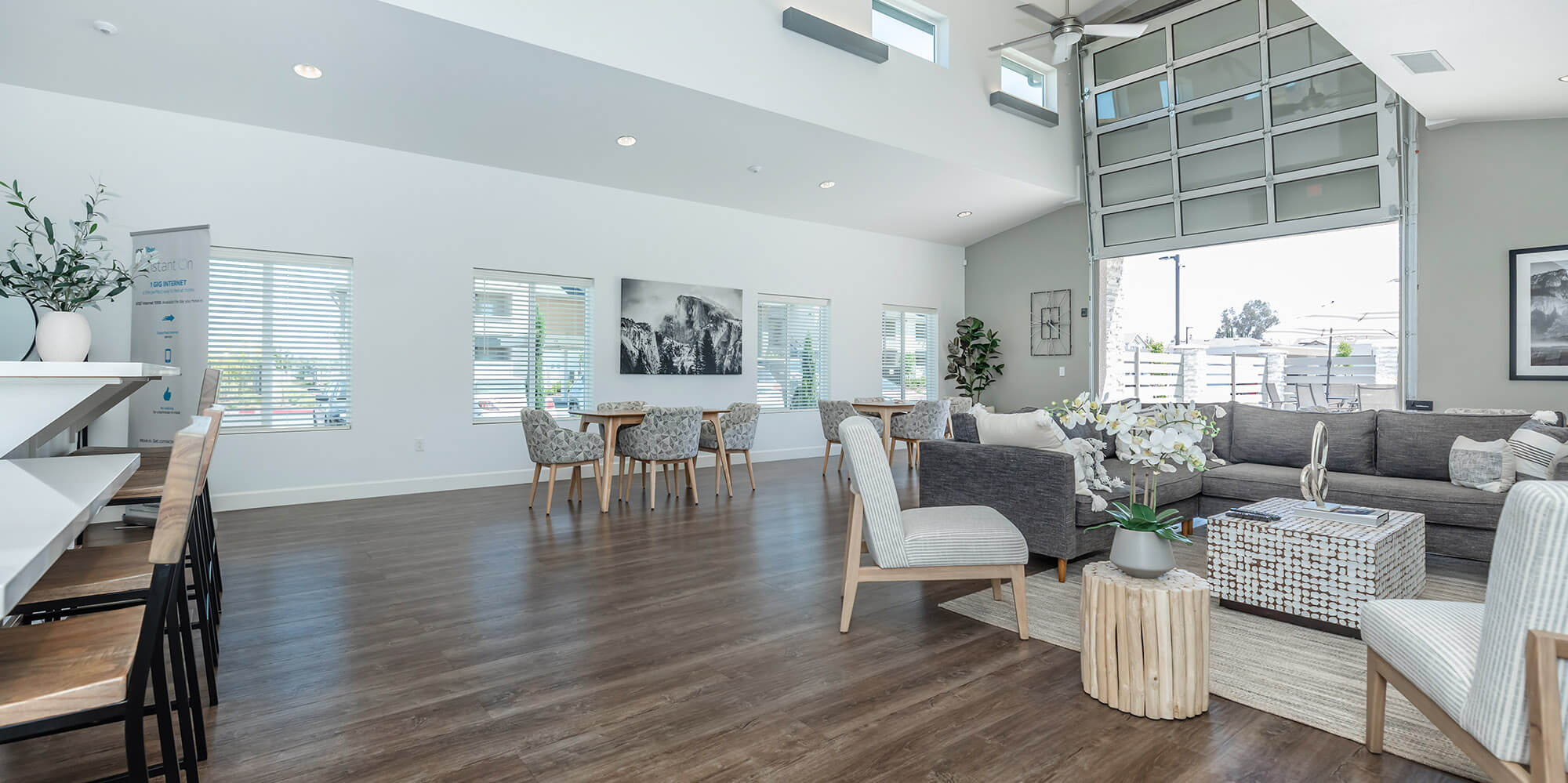 Living room area with a view of the patio to the right